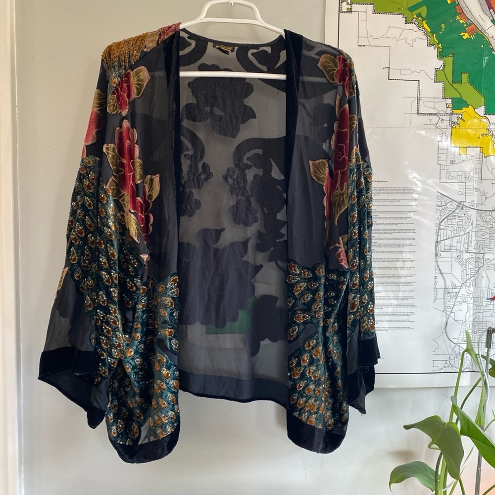 Sheer Black Kimono with Velvet Floral Design